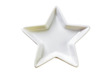 White star-shaped ceramic dish with five points, shallow compartments, glossy surface, decorative serving plate, isolated on a transparent background
