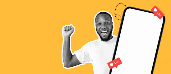 A joyful person celebrates their success with social media engagement, showing enthusiasm and excitement. Bright colors highlight the connection between emotions and digital platforms.