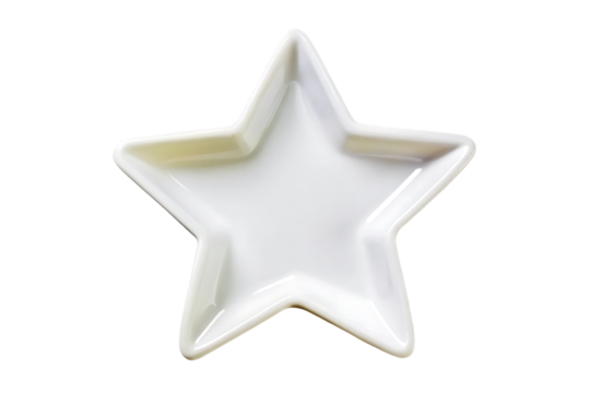 White star-shaped ceramic dish with five points, shallow compartments, glossy surface, decorative serving plate, isolated on a transparent background