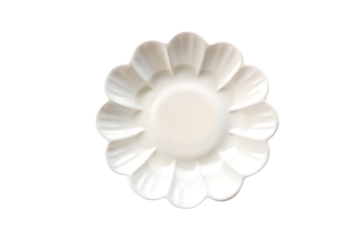 White flower-shaped ceramic dish with scalloped petal edges, decorative design, glossy finish, whimsical plate, isolated on a transparent background