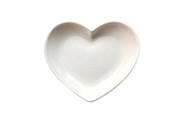 White heart-shaped ceramic dish with smooth curves, romantic design, glossy finish, shallow serving plate, isolated on a transparent background