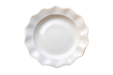 White circular plate with wavy scalloped rim, decorative edges, glossy porcelain finish, elegant design, isolated on a transparent background