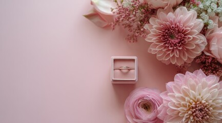 A delicate engagement ring in a pink box surrounded by soft pink flowers. The scene conveys romance and elegance, perfect for proposals or weddings.