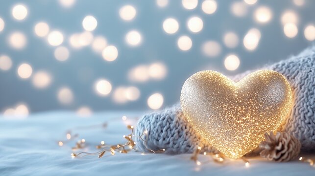 Glowing golden heart with warm fairy lights on a cozy knitted background