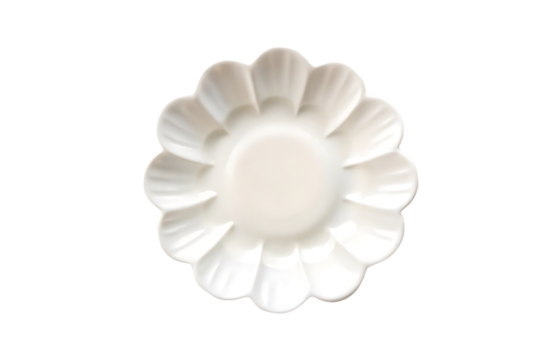 White flower-shaped ceramic dish with scalloped petal edges, decorative design, glossy finish, whimsical plate, isolated on a transparent background