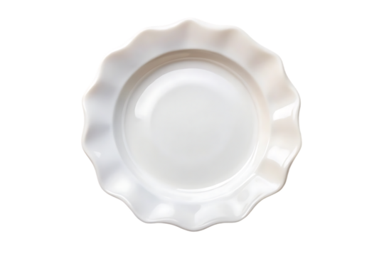 White circular plate with wavy scalloped rim, decorative edges, glossy porcelain finish, elegant design, isolated on a transparent background