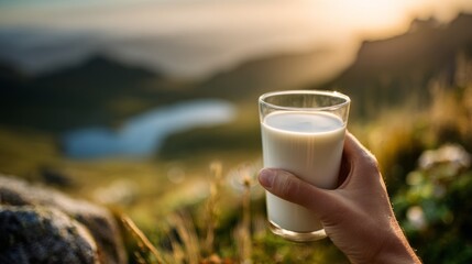A hand holds a glass of milk against a scenic mountain backdrop during sunset. The landscape features rolling hills and a serene lake.