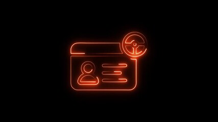 Glowing neon orange driver license icon with steering wheel symbol on black background representing driving permit