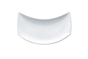 White ceramic crescent-shaped plate with curved edges and smooth glossy porcelain finish, isolated on a transparent background