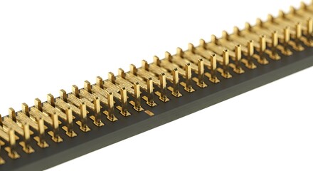 A close up view of a black circuit board with many gold pins attached to it on a white background