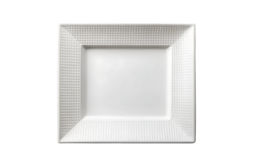White rectangular ceramic serving platter with textured dotted border and smooth center surface, isolated on a transparent background
