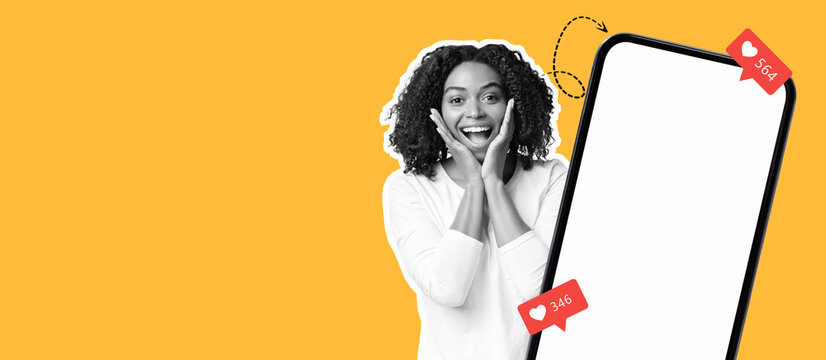 A cheerful woman is surprised while holding a smartphone. Her expression shows excitement as she reacts to likes and engagement numbers on the device. The background is bright yellow.