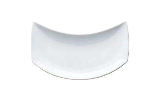 White ceramic crescent-shaped plate with curved edges and smooth glossy porcelain finish, isolated on a transparent background - Powered by Adobe