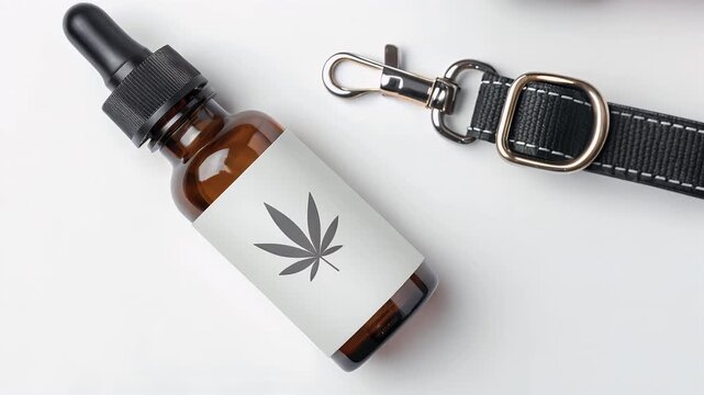 Calming cbd oil for pets, amber dropper bottle with hemp leaf label, pet oil bottle amber dropper dog collar leash, cannabis leaf icon calm vibe