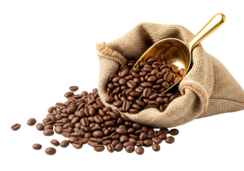 A sack of coffee beans with a spoon, showcasing the rich texture of the beans.