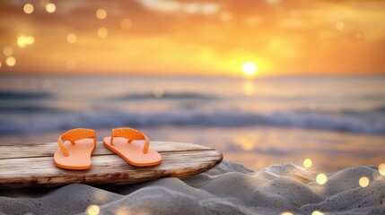 Obraz premium Orange Flip Flops on Driftwood at Sunset Beach, Summer Vacation
