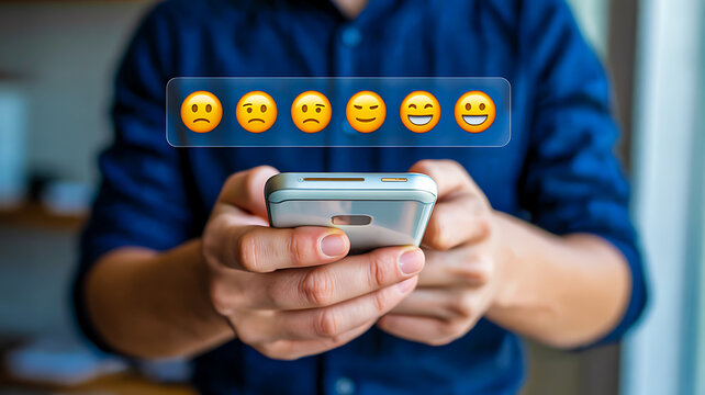 Digital emotion tracking and feedback concept with emoji scale overlay on smartphone in casual setting - Powered by Adobe
