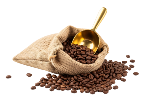 A sack of coffee beans with a spoon, showcasing the rich texture of the beans.