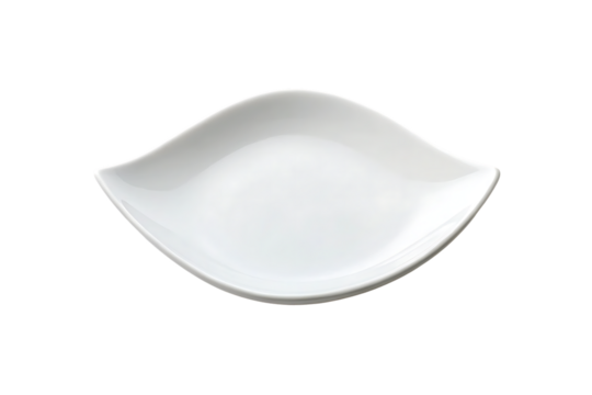 White ceramic diamond-shaped square plate with curved wavy edges and four pointed corner tips, isolated on a transparent background