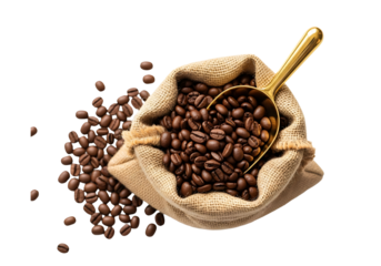 A sack of coffee beans with a spoon, showcasing the rich texture of the beans.