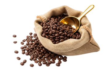 A sack of coffee beans with a spoon, showcasing the rich texture of the beans.