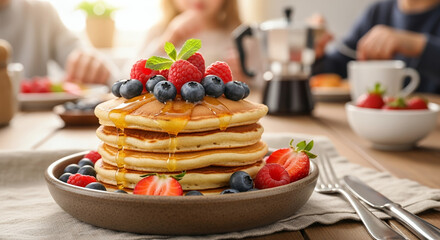 Delicious pancakes topped with berries and syrup on wooden table  