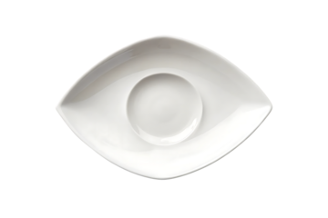 White eye-shaped ceramic plate with central circular depression and pointed ends design, isolated on a transparent background