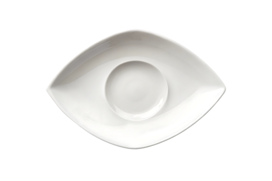 White eye-shaped ceramic plate with central circular depression and pointed ends design, isolated on a transparent background