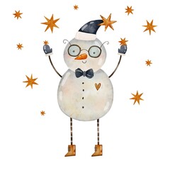 A cheerful snowman with glasses, a bow tie, striped legs, and boots stands among golden stars, wearing a dark winter hat. Perfect for greeting cards and holiday designs.