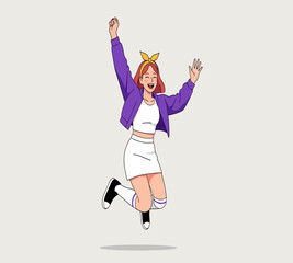 Illustration of a joyful young woman with red hair, wearing a purple jacket and a white skirt, is jumping with excitement isolated on white background