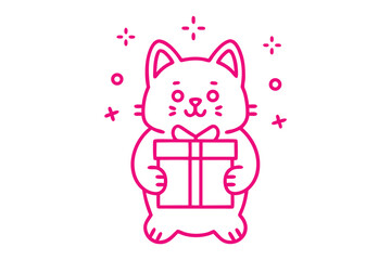 Pink outlined cat holds a present amidst sparkles on a white background