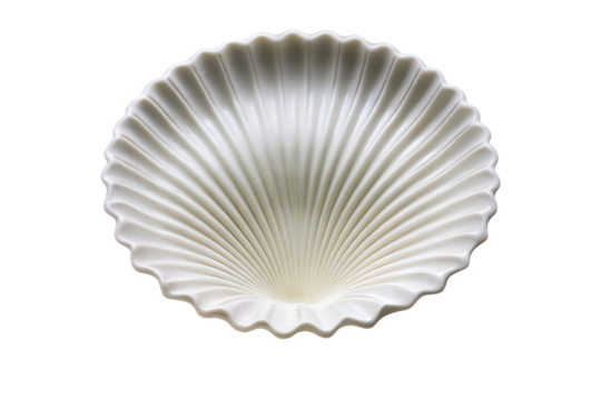 Shell-shaped white ceramic plate with radiating ridges and scalloped edges, elegant dining serveware, isolated on a transparent background