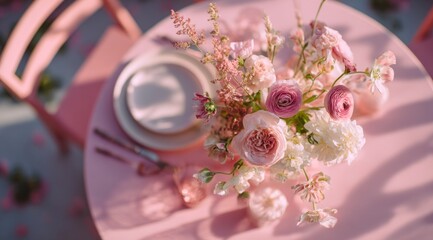 A pink table set with a white plate and cutlery. A bouquet of pink and white flowers is arranged in the center, creating a soft, elegant atmosphere.