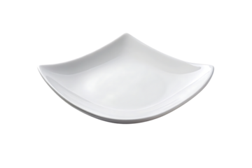 White square ceramic plate with curved wave-like edges and modern minimalist design, isolated on a transparent background