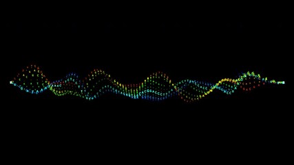Abstract futuristic science or tech wave animation with colorful flowing strands and animated DNA base letters (A, T, G, C), seamless loopable element, transparent background with alpha channel