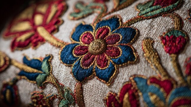 Close-up of intricate floral embroidery with vibrant colors. Features red, blue, and green threads on a light fabric background.