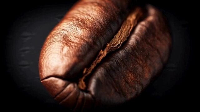 A single roasted coffee bean a dark morning wake up call revealing rich texture against a black