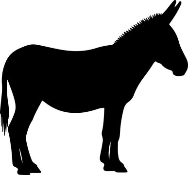 Black donkey silhouette standing in profile. Isolated vector graphic icon of a farm animal or mule on a clean white background. Simple, bold, and classic design element.