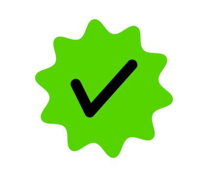 Green starburst badge with check mark for approval labels, certified icons, confirmation signs, and graphic design overlays
