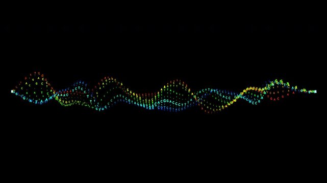 Abstract futuristic science or tech wave animation with colorful flowing strands and animated DNA base letters (A, T, G, C), seamless loopable element, transparent background with alpha channel