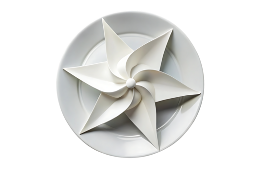White round plate with decorative paper pinwheel centerpiece arranged in star formation pattern, isolated on a transparent background
