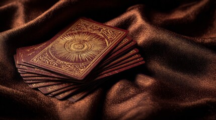 A stack of ornate tarot cards resting on a rich, dark fabric. The cards feature intricate designs and symbols, creating a mystical atmosphere.