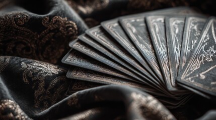 A set of ornate tarot cards arranged in a fan shape on a dark, textured fabric. The cards feature intricate designs and a mystical theme.
