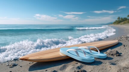 Obraz premium Wooden Surfboard and Blue Flip-Flops on a Tropical Beach with Ocean Waves