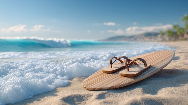 Wooden surfboard and flip flops on a sunny beach with ocean waves - Powered by Adobe