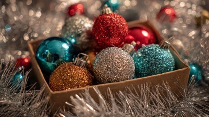 A collection of colorful Christmas ornaments in a cardboard box surrounded by silver tinsel. The ornaments are shiny and glittery in various colors.