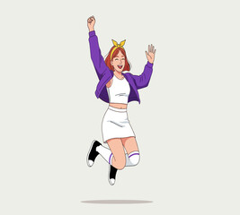 Illustration of a joyful young woman with red hair, wearing a purple jacket and a white skirt, is jumping with excitement isolated on white background