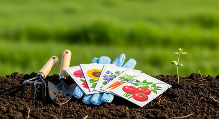 Gardening tools and seed packets on soil with green background  
