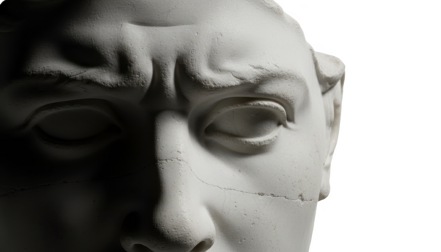 Close-Up of a White Plaster Bust of a Man's Face With a Crack