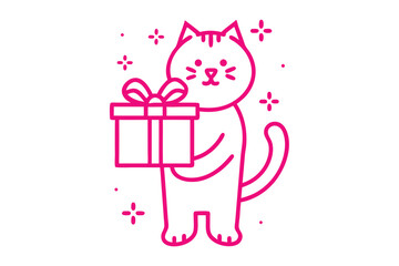 Pink outline of a cute cartoon cat holds a present for celebration